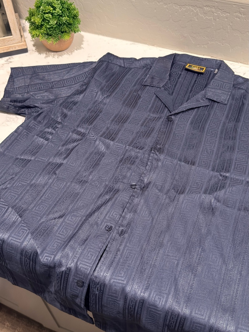 Casa Moda Couture Short-Sleeve Button-Down Shirt with Subtle Geometric Jacquard